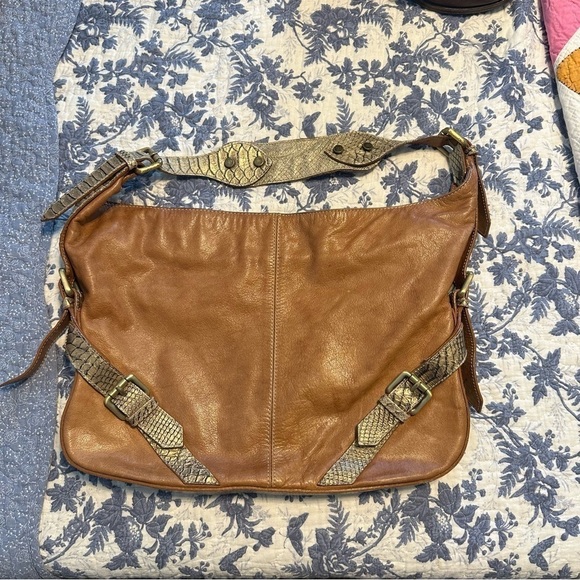 Pulicati Shoulder Bag Italian Made Camel Tan Leather Purse Snakeskin 14.5” x 11” - Picture 2 of 11